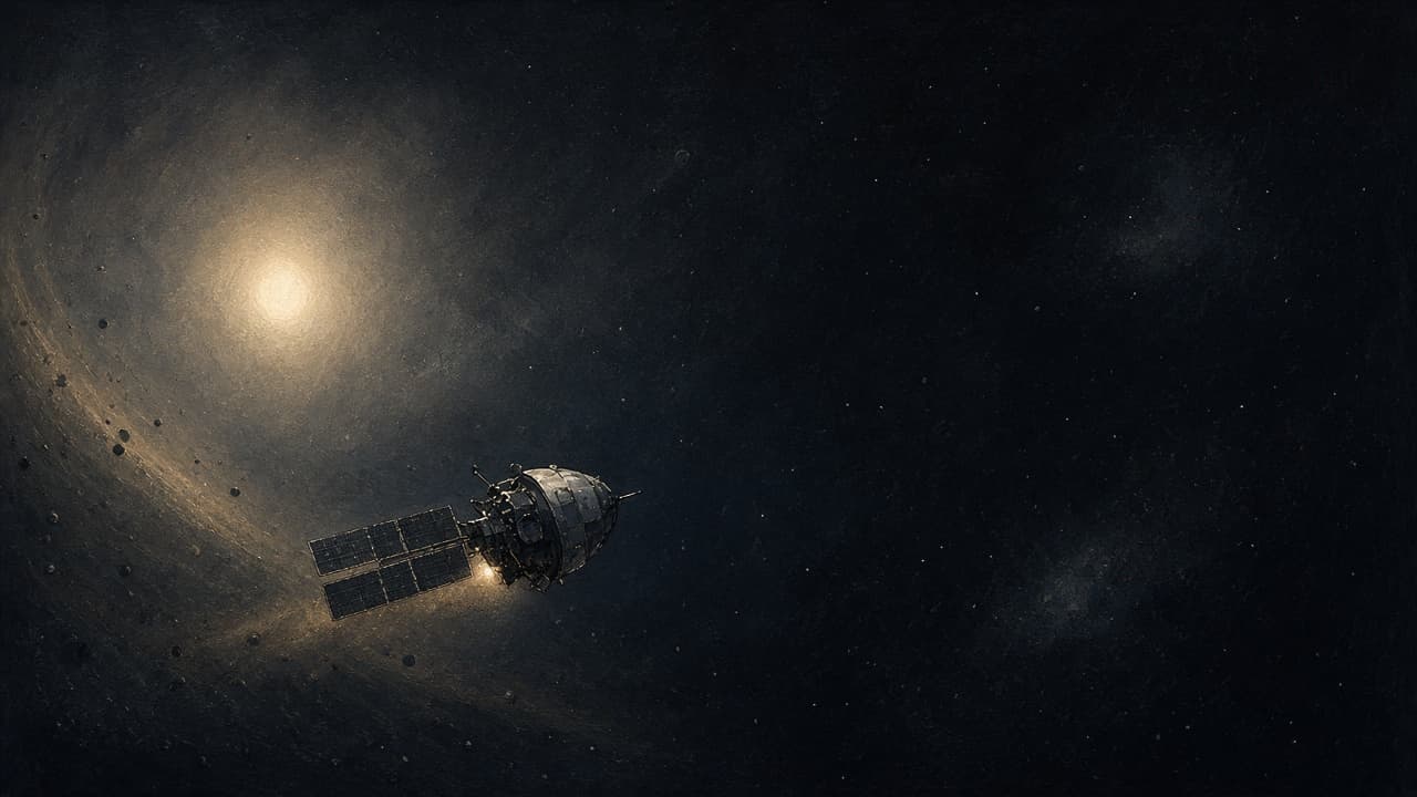 A small spacecraft leaving the dim outer Solar System toward a gulf of faint stars