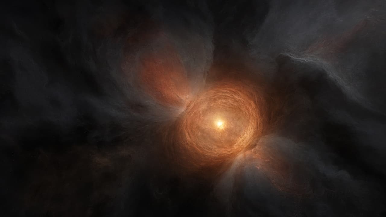 An embedded protostar still wrapped in a natal envelope of gas and dust