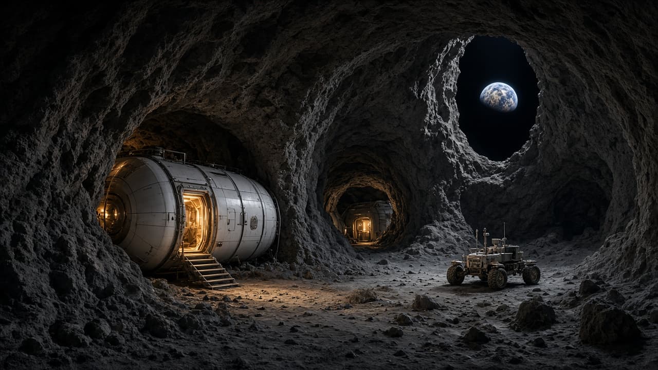 Pressurized habitat modules inside a lunar lava tube with Earth visible through a distant shaft