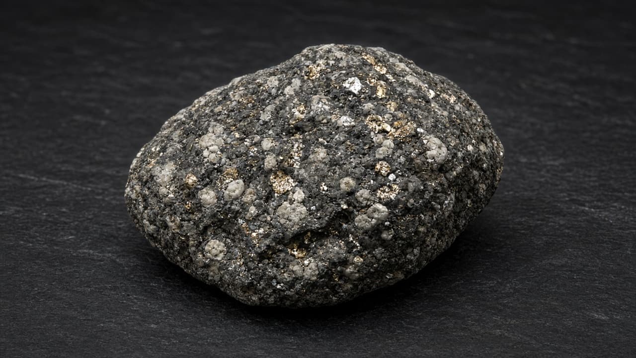 A primitive chondrite meteorite with pale ancient inclusions in a dark matrix