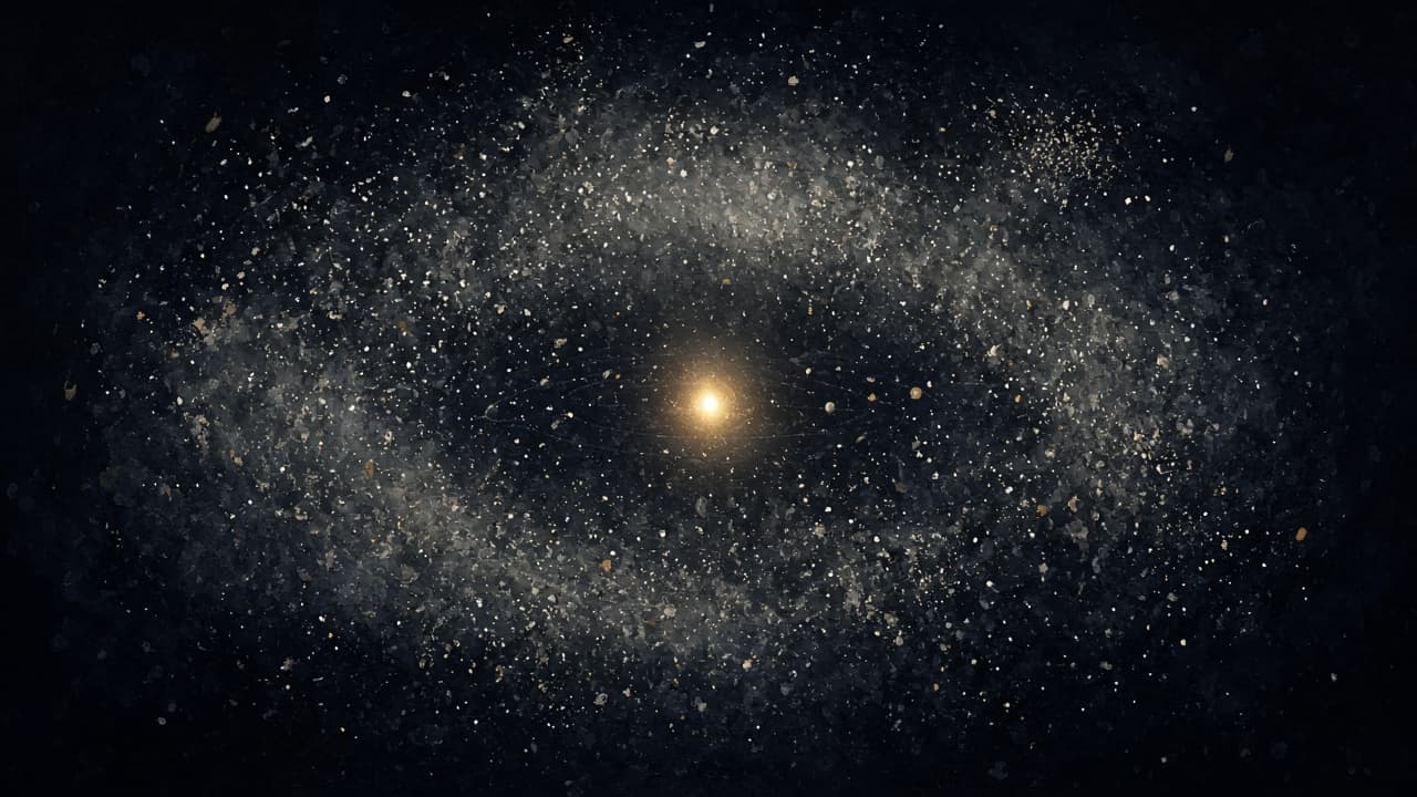 A tiny bright solar system at the centre of a vast sparse halo of icy bodies