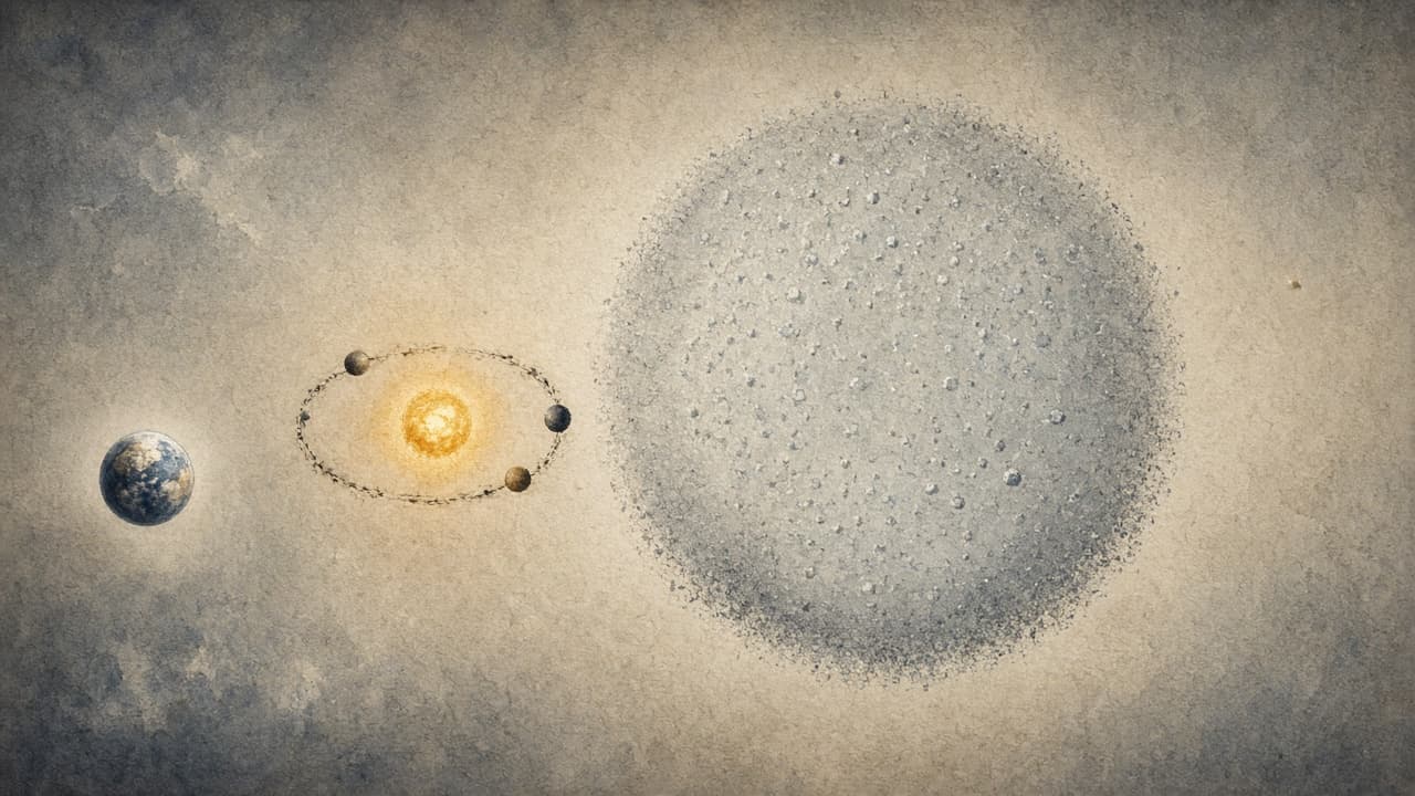 A tiny solar system shrinking against a vast dark gulf before a distant star