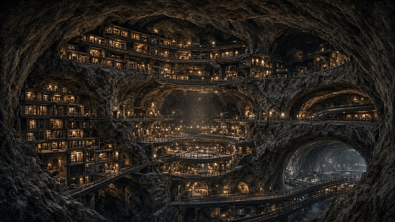 A massive underground human settlement stacked in layers inside carved rock