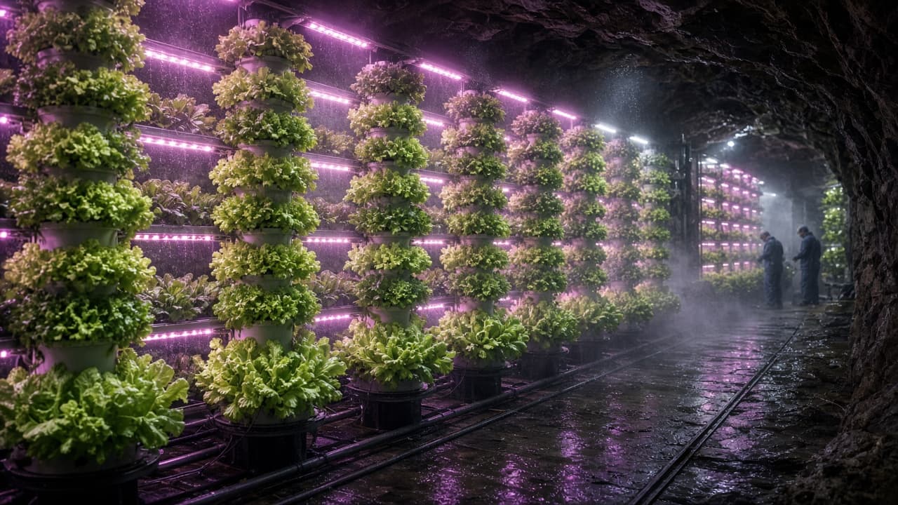 Stacked hydroponic towers growing greens under artificial lights in an underground cavern
